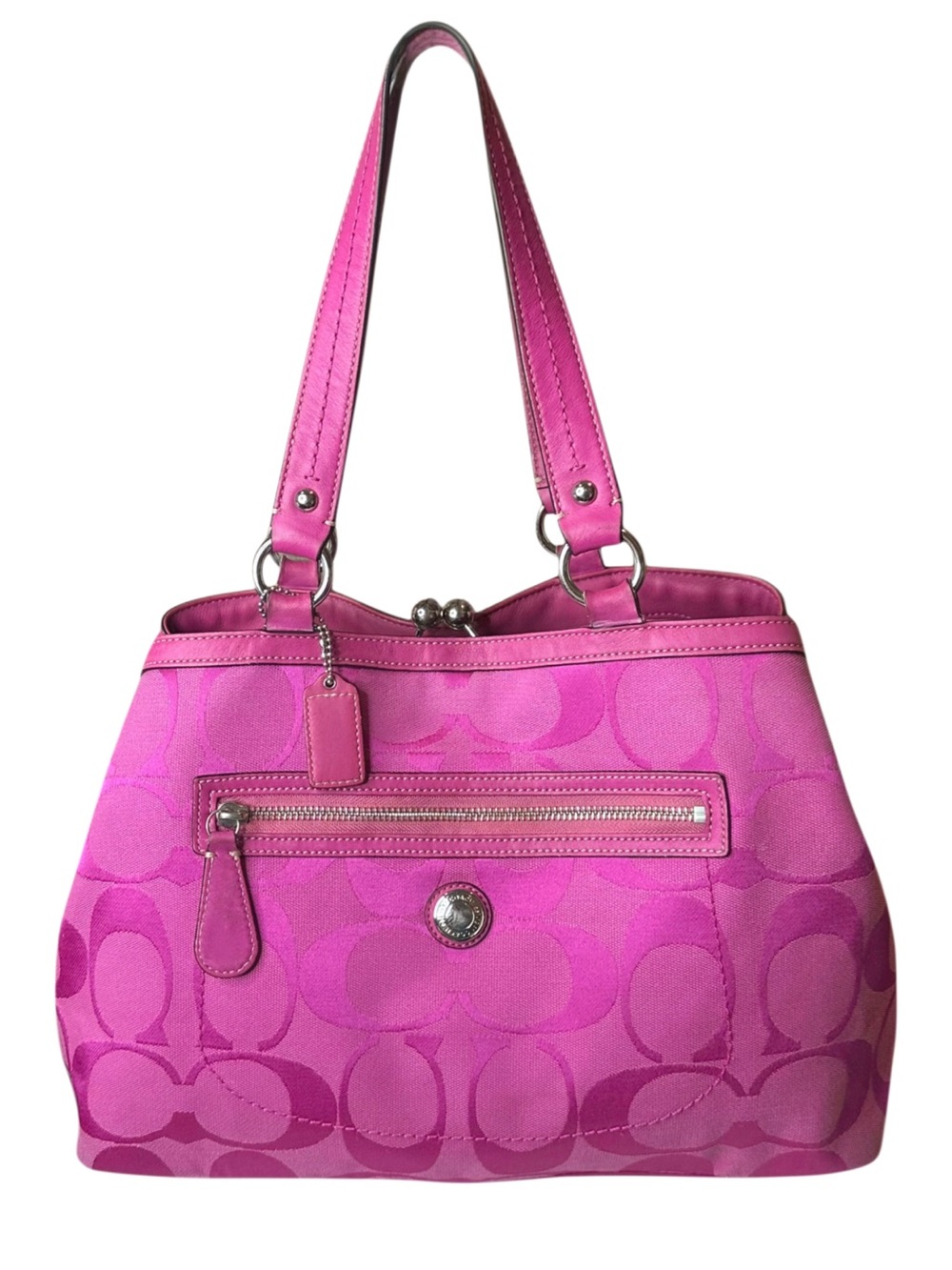 COACH Y2K Hot Pink Signature C Jacquard Kiss Lock Front Zip Pocket Tote F14940
